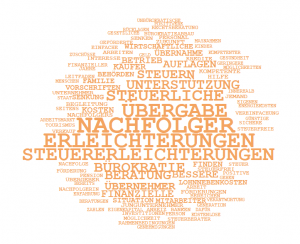 Wordcloud, welche die Erleichterungen der Unternehmensnachfolg im Tourismus beschreibt. Zum Beispiel: Nachfolger, Erleichterungen, Steuererleichterungen, Bürokratie, Beratung