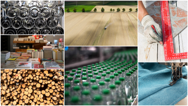 Collage, welche die Branchen zeigt, die der Branchenmonitor berücksichtigt: u. a. Holz, Lebensmittel, Handwerk (Fliesenleger, Schneiderei, Landwirtschaft.